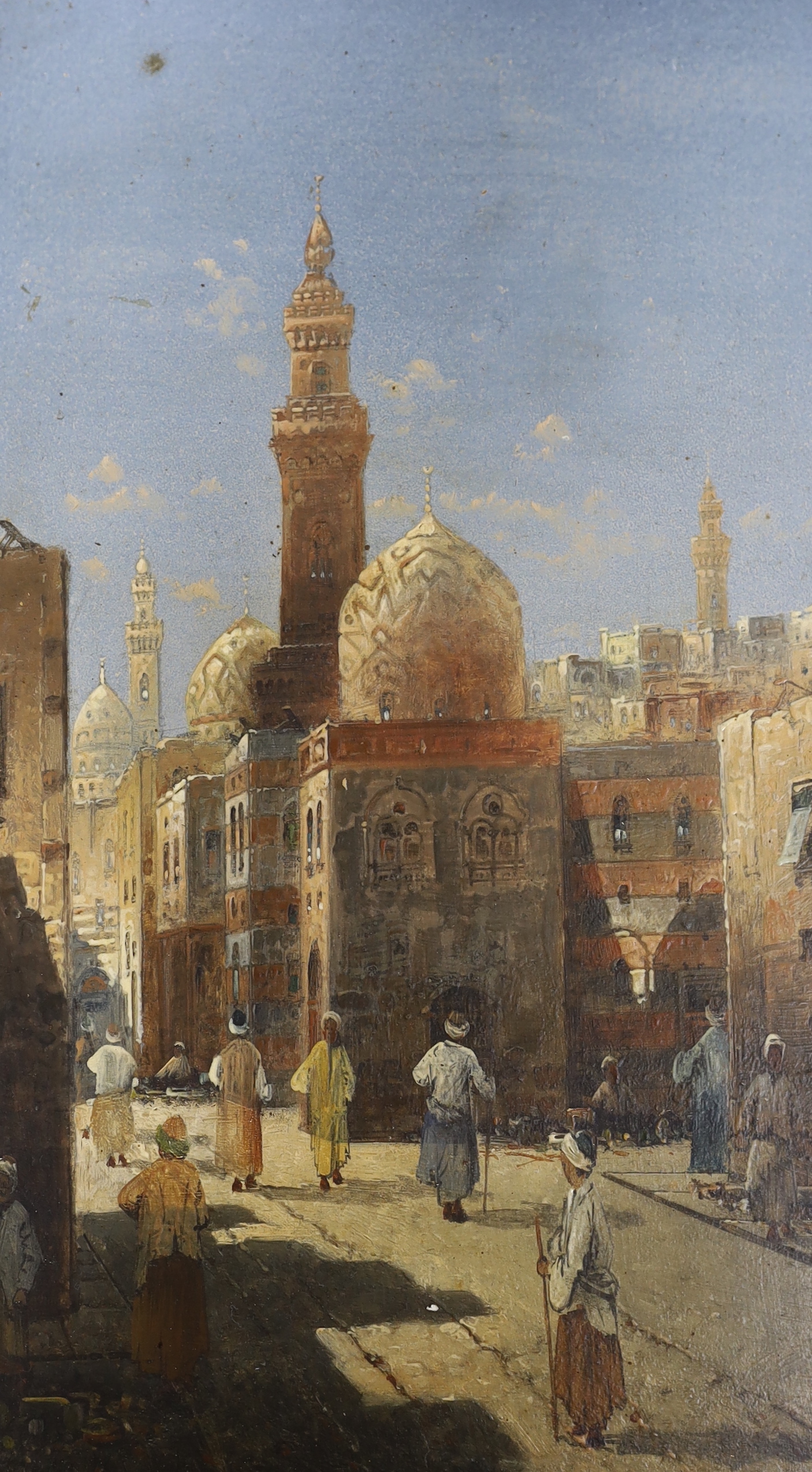 Karl Kaufmann (Austrian, 1843-1905), pair of Orientalist oils on board, Eastern street scenes with figures, each signed, H. Carnier, 30 x 17cm